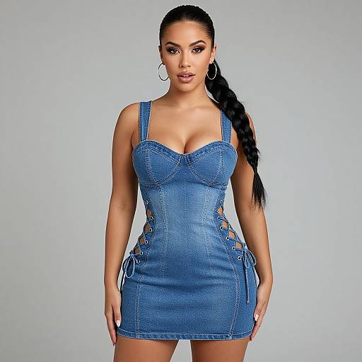 Stylish Woman in Blue Denim Lace-Up Mini Dress