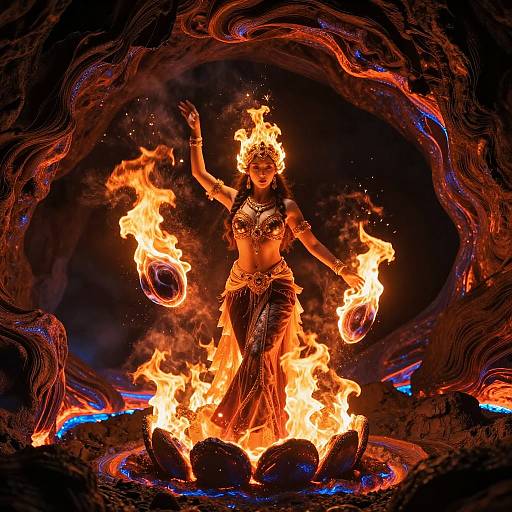 Fantasy Fire Goddess Performing Ritual in Mystical Cave