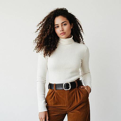 Casual Chic Woman Wearing White Ribbed Turtleneck and High Waist Brown Corduroy Pants
