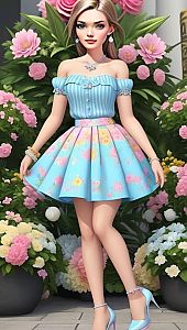 Elegant Woman in Blue Dress Among Flowers