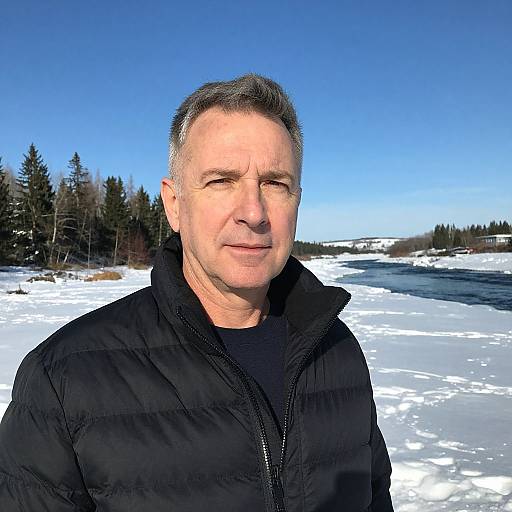 Middle-aged Man Outdoors in Snowy Winter Landscape by River