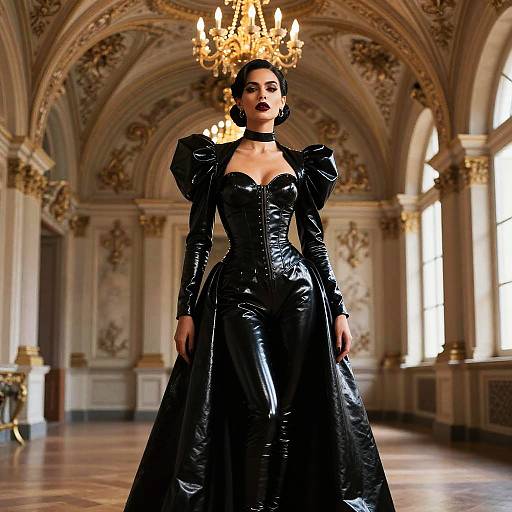 Glamorous Woman in Black Latex Gothic Corset Outfit in Ornate Hall