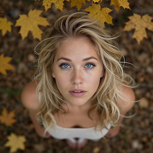Close-Up Portrait of Blonde Woman with Blue Eyes in Autumn Leaves