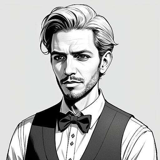 Black and White Digital Illustration of a Formal Man with Bow Tie