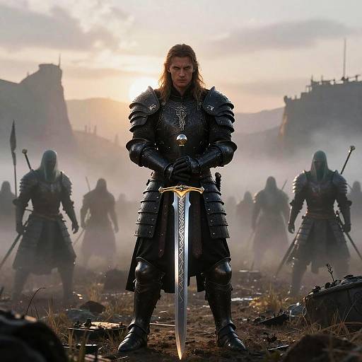 Dark Fantasy Knight in Black Armor Holding Sword on Misty Battlefield