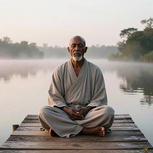 Elderly Man Meditating on Misty Lake Dock in Meditation Robes