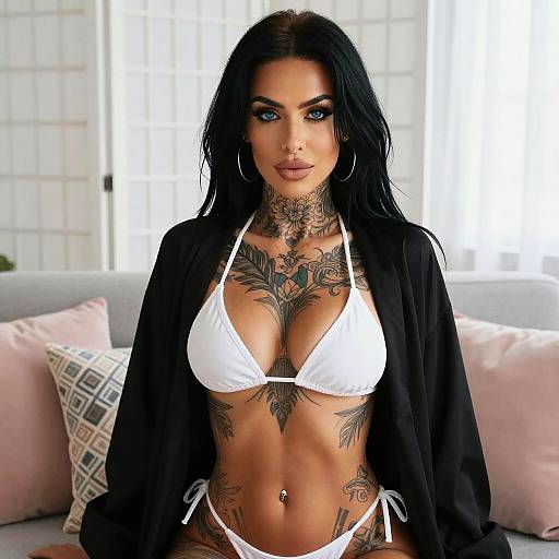Tattooed Woman in White Bikini with Black Cover-Up Indoor Portrait
