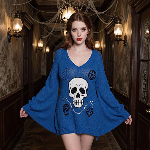 Red Haired Woman Wearing Blue Skull Sweater in Vintage Hallway