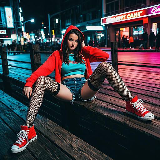 Young Woman in Red Hoodie and Fishnet Stockings Urban Night Style