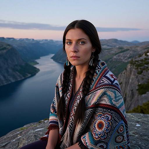 Woman in Colorful Shawl on Rocky Cliff Overlooking Fjord