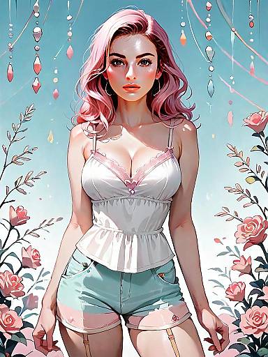 Realistic Anime Style Woman in Silk Camisole with Pink Hair and Floral Background