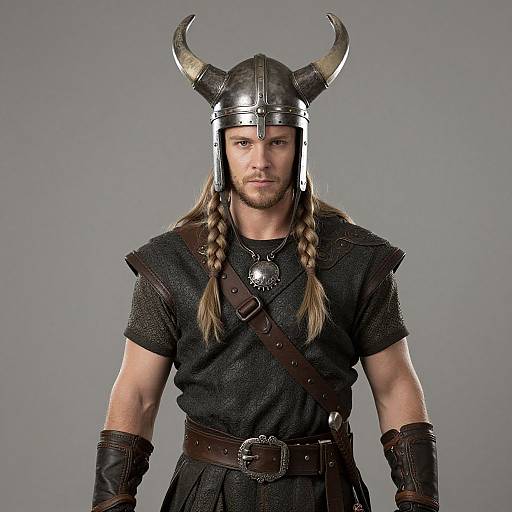 Viking Warrior Man in Horned Helmet and Medieval Armor