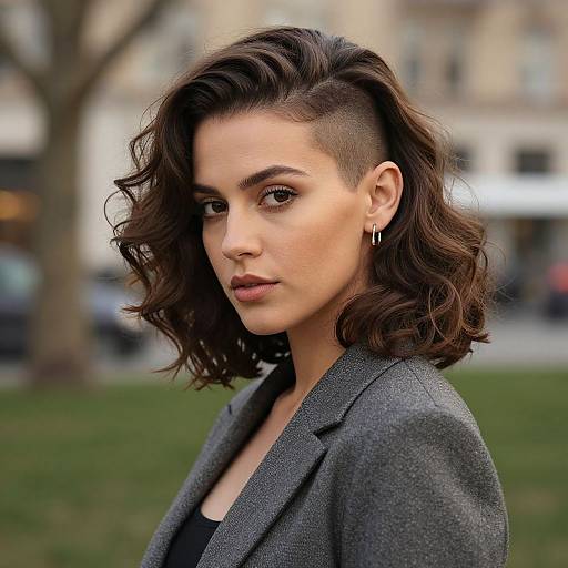 Confident Woman with Asymmetrical Curly Hairstyle and Gray Blazer Outdoors