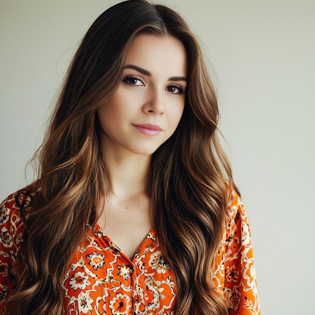 Portrait of Woman in Orange Floral Blouse with Long Wavy Hair