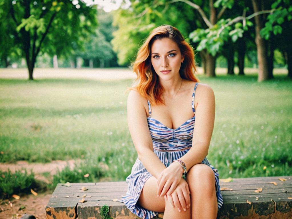 Woman with Red Hair in Summer Dress Surrounded by Greenery