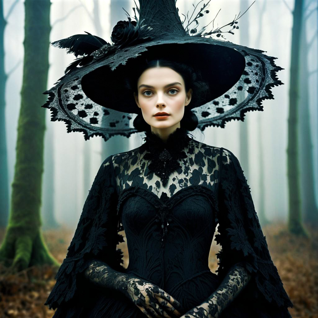 Mystical Woman in Black Gown and Witch Hat in Forest