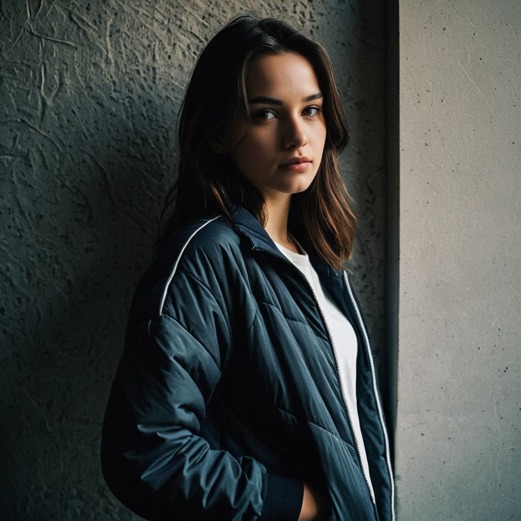 Young Woman in Dark Blue Jacket Against Textured Wall