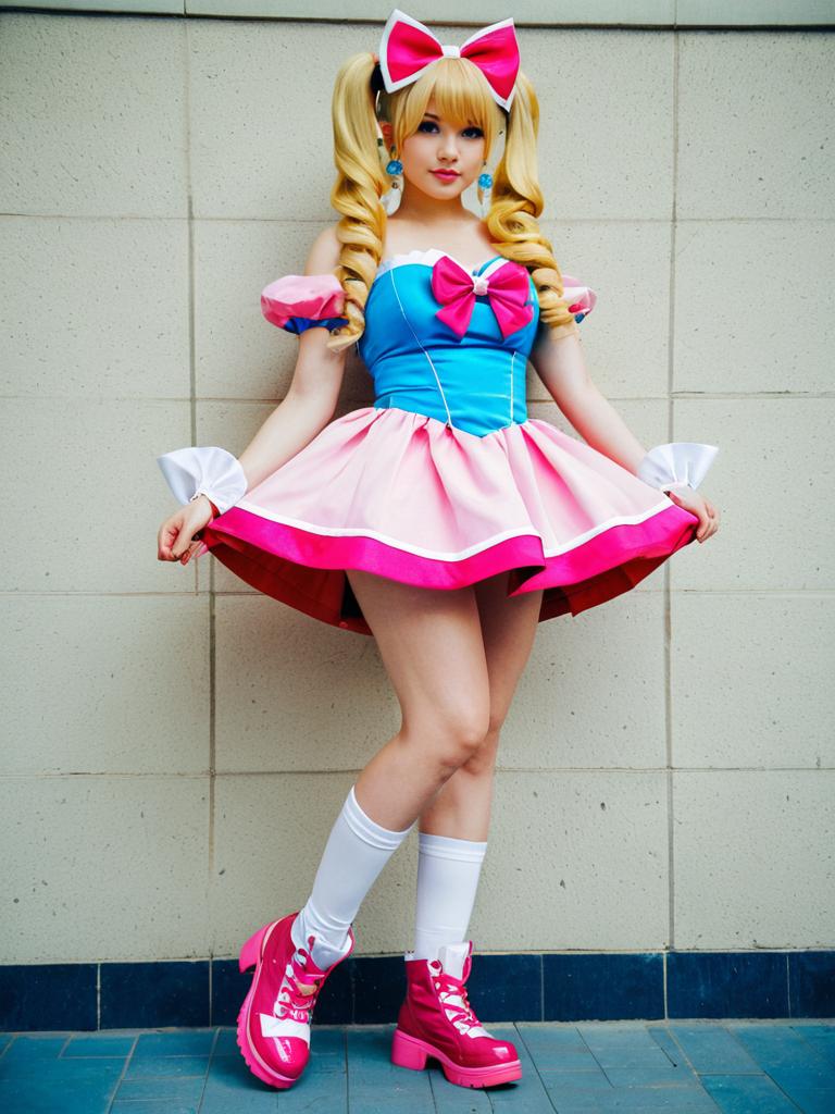 Harime Nui Cosplay Woman in Vibrant Pink and Blue Anime Costume