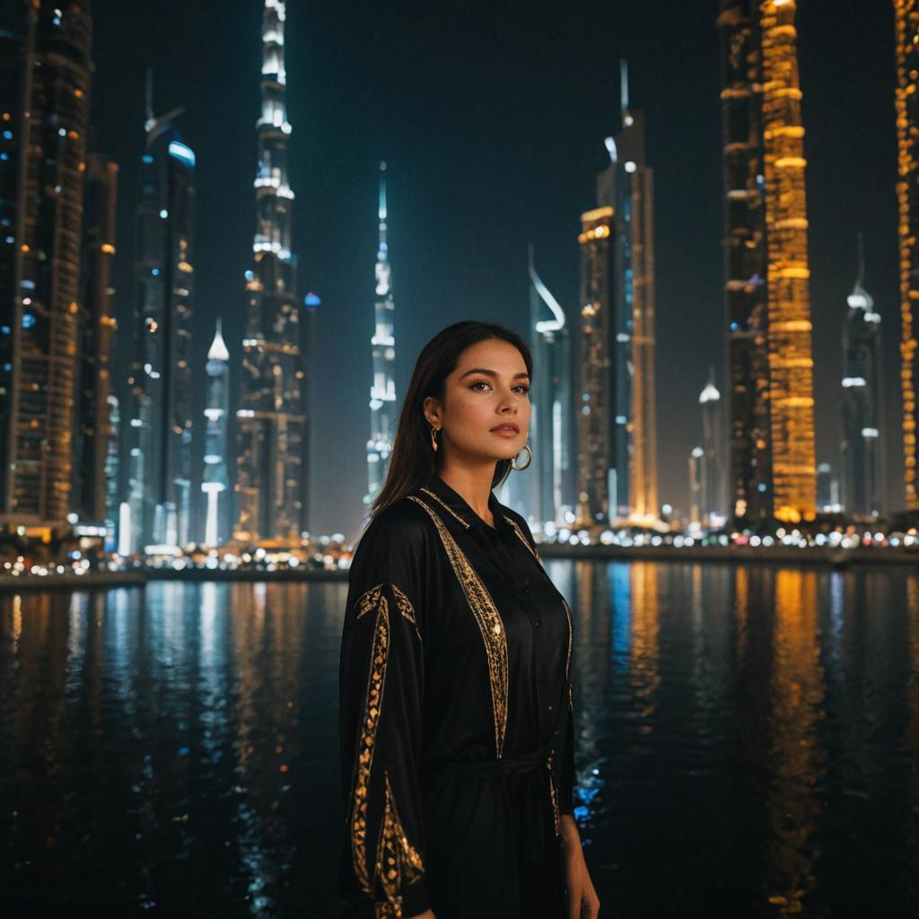 Woman Under Dubai City Lights at Night