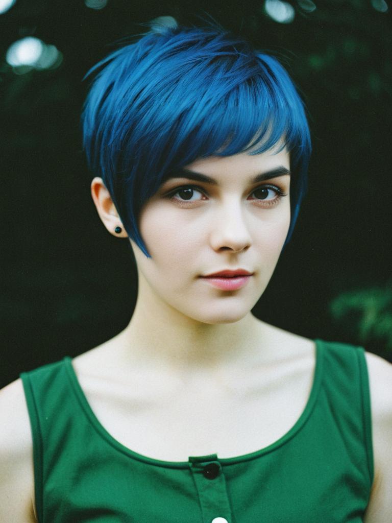 Young Woman with Blue Pixie Cut in Green Top