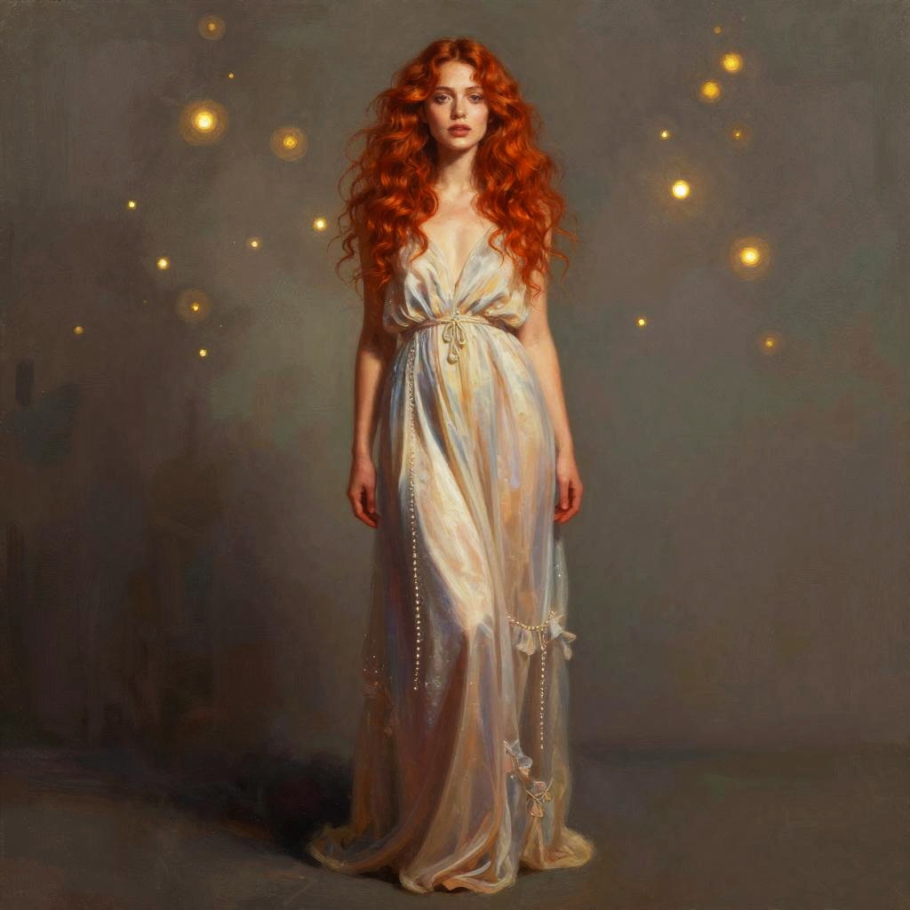 Elegant Red-Haired Woman in Ethereal Gown with Glowing Orbs