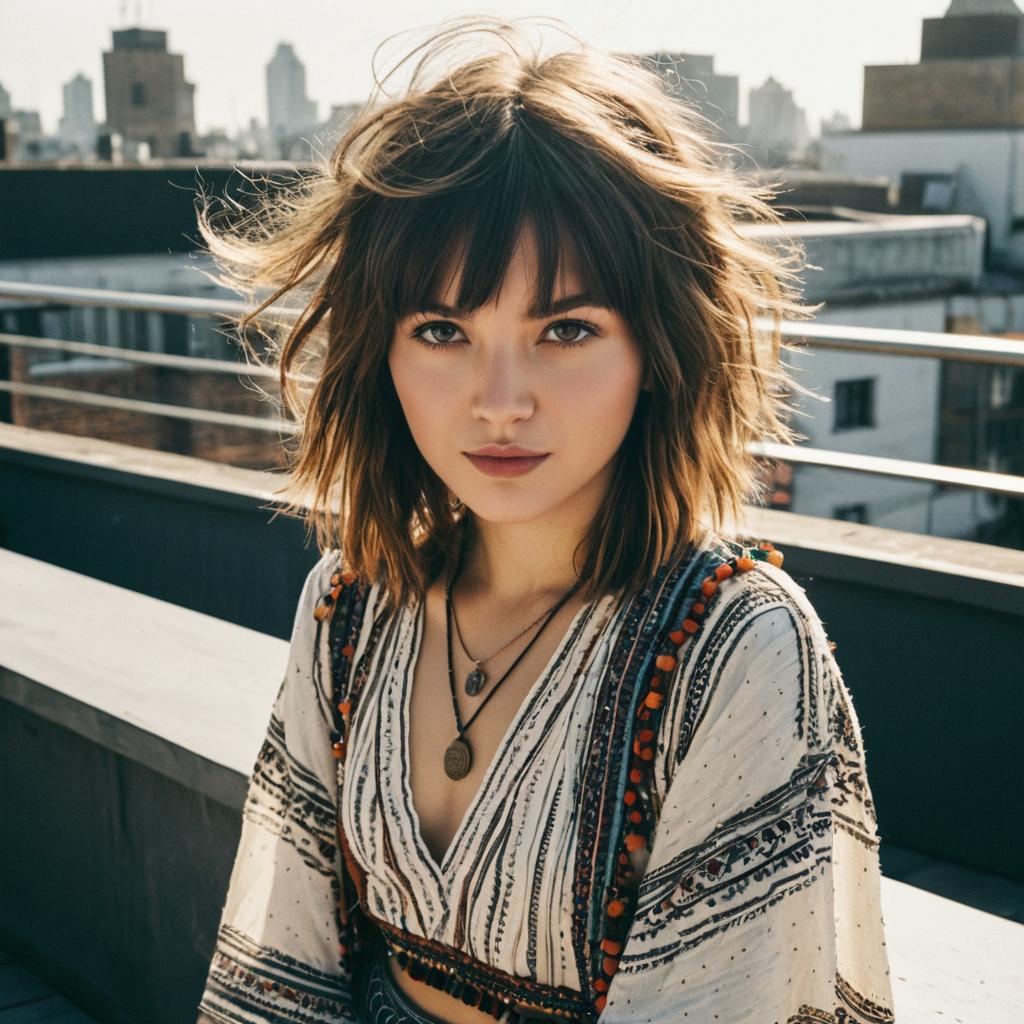 Young Woman on Urban Rooftop Wearing Bohemian Embroidered Top