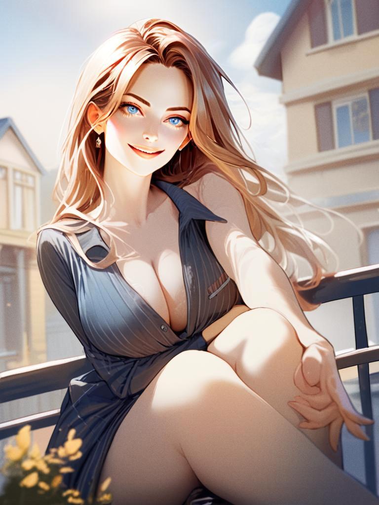 Anime Style Digital Portrait of Blonde Woman on Balcony
