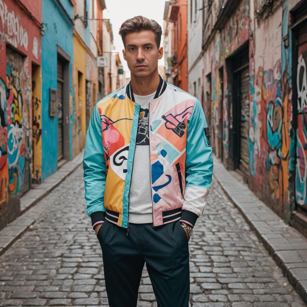 Stylish Man in Graffiti Alley with Colorful Bomber Jacket