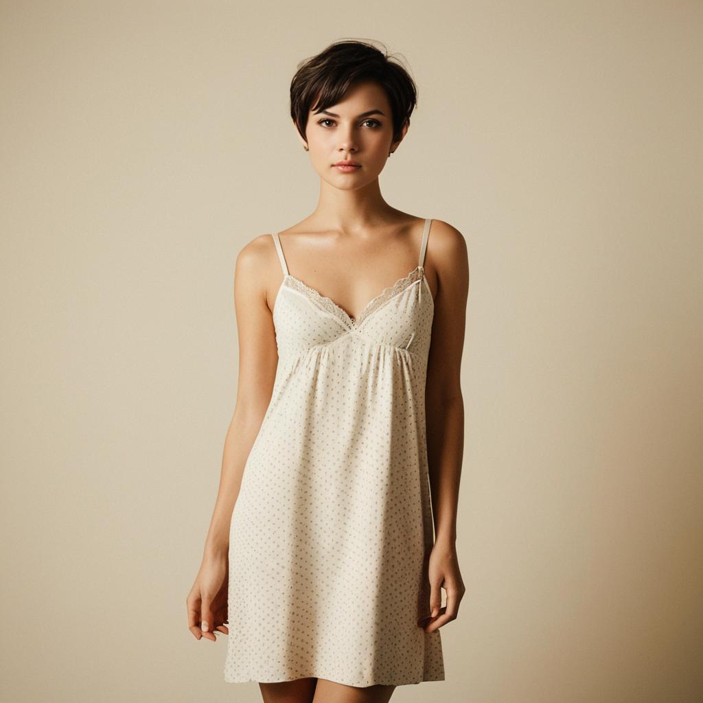 Young Woman Wearing Light Polka-Dotted Slip Dress on Beige Background