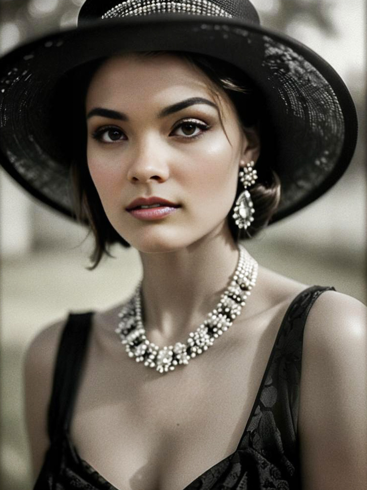 Elegant Woman in Black with Pearl Jewelry