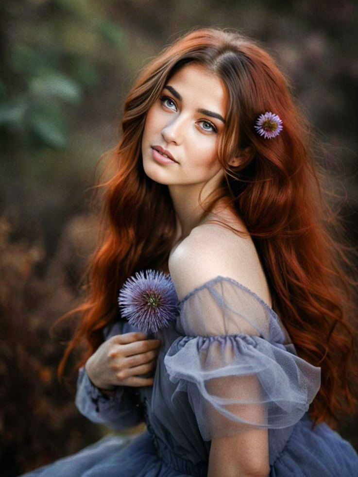 Elegant Woman with Red Hair and Flower