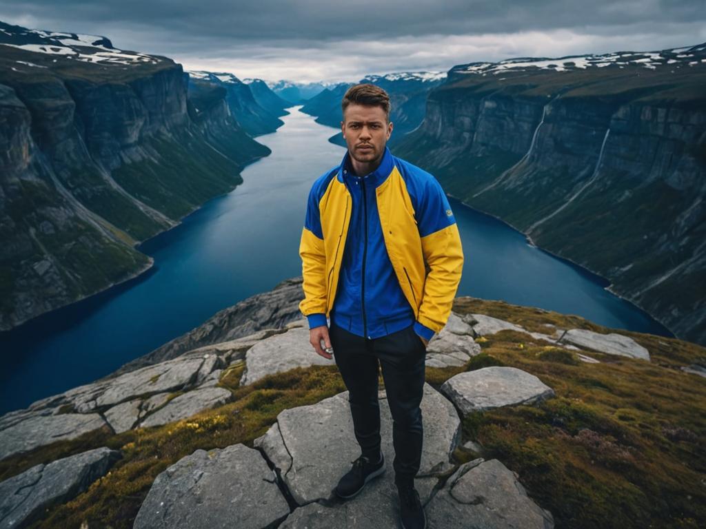 Man in Blue Varsity Jacket Overlooking Fjord