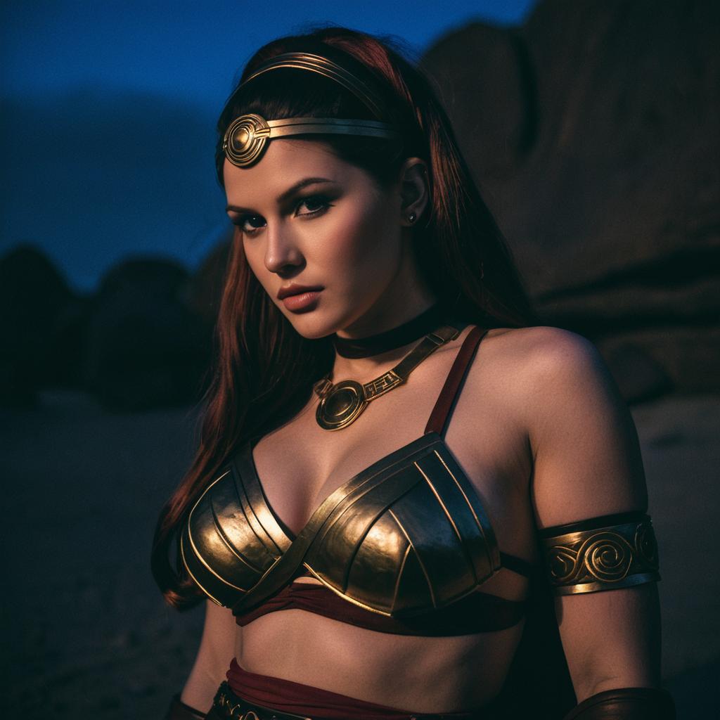 Fierce Woman Warrior in Golden Armor at Dusk