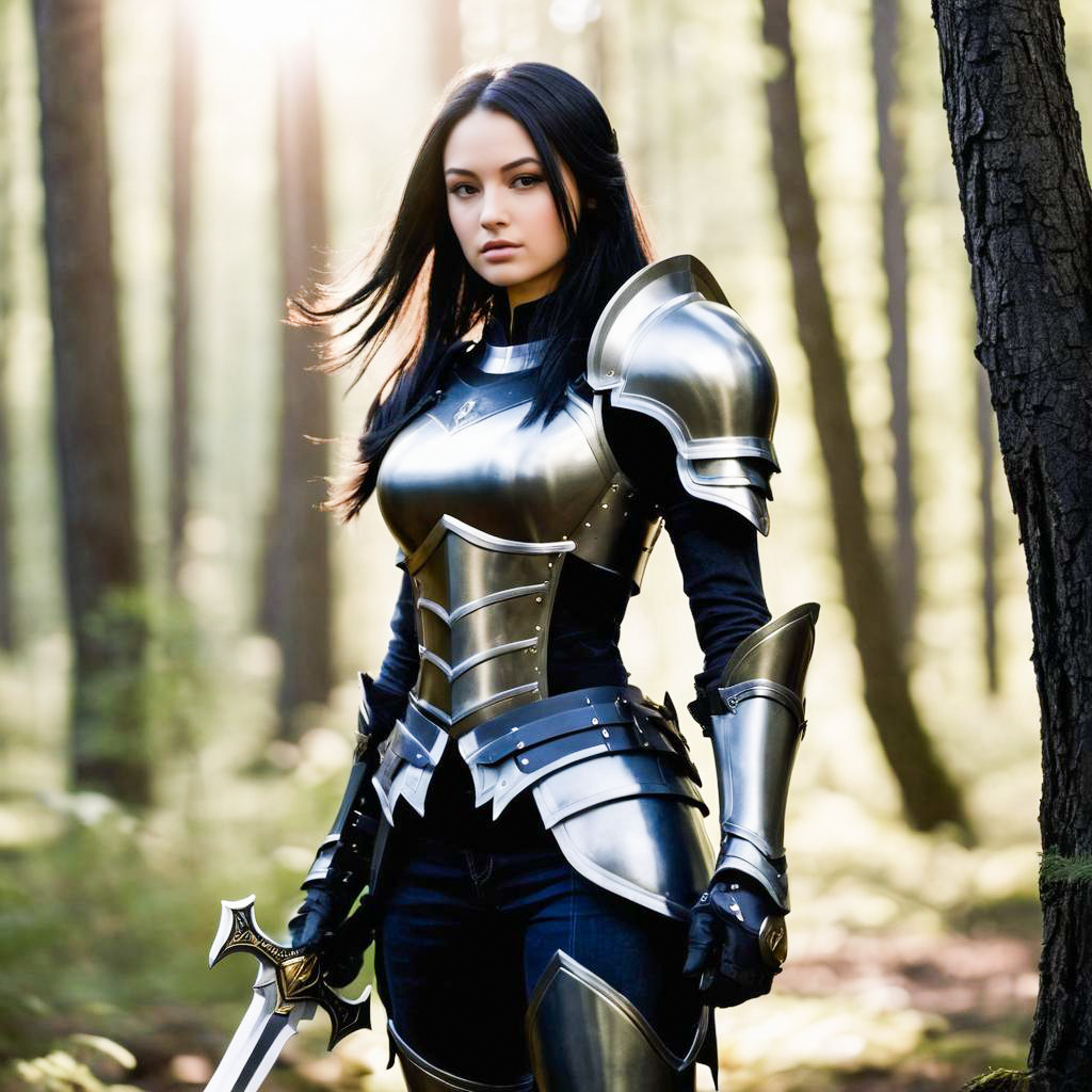 Confident Woman in Medieval Armor in Sunlit Forest