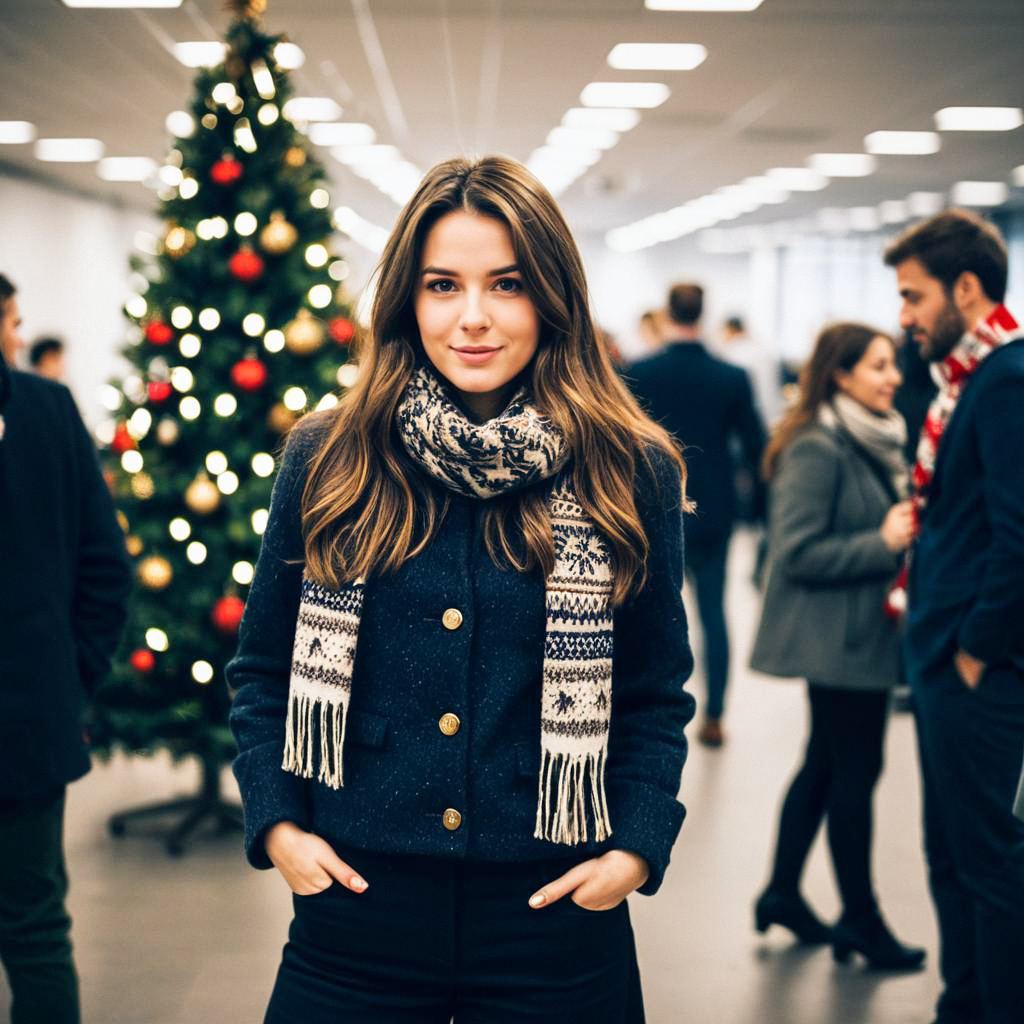 Young Woman in Cozy Winter Outfit at Festive Office Young Woman in Cozy Winter Outfit at Festive Office