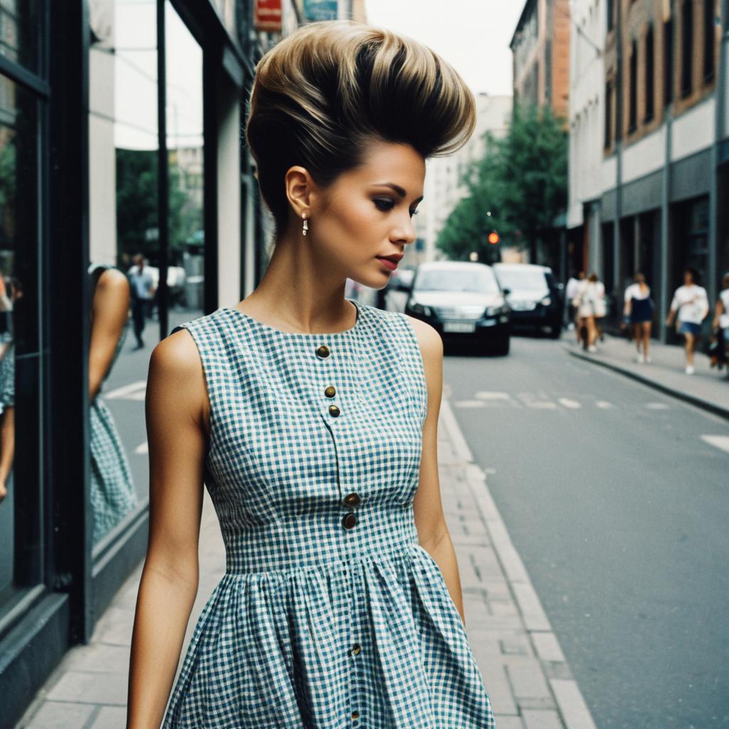 Woman in Vintage Gingham Dress with Elegant Hairstyle on City Street