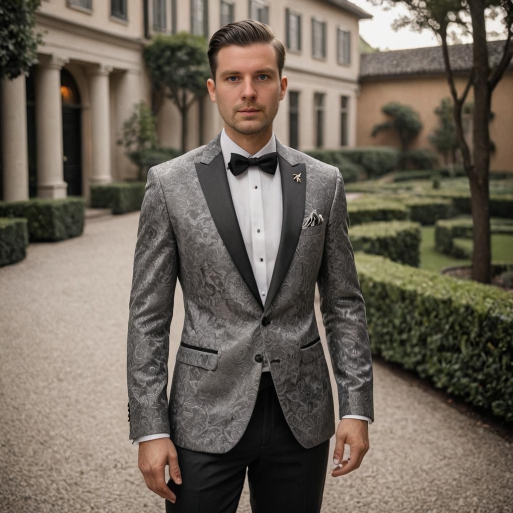 Stylish Man in Patterned Suit at Elegant Building