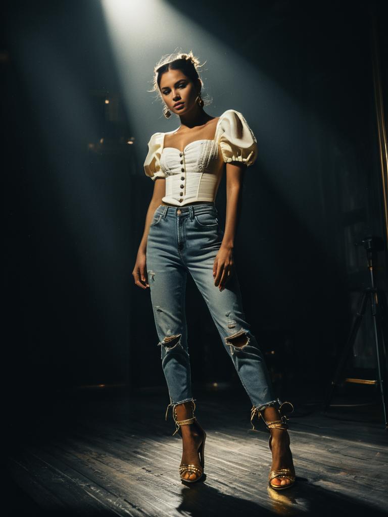 Contemporary Chic Woman Wearing White Bustier Top with Puffed Sleeves and Distressed Jeans