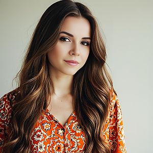 Portrait of Woman in Orange Floral Blouse with Long Wavy Hair