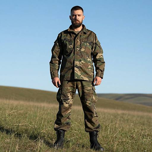 Man in Camouflage Military Uniform Standing in Open Field
