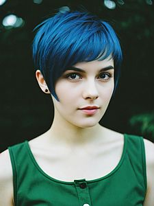 Young Woman with Blue Pixie Cut in Green Top