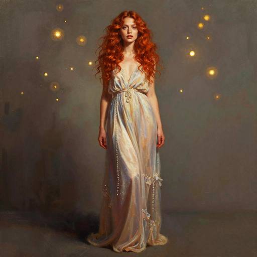 Elegant Red-Haired Woman in Ethereal Gown with Glowing Orbs