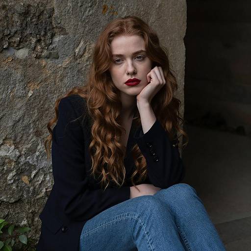 Contemplative Young Woman with Red Hair and Bold Lipstick Against Stone Wall