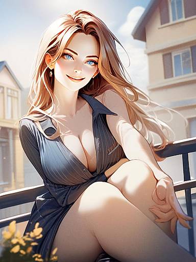 Anime Style Digital Portrait of Blonde Woman on Balcony