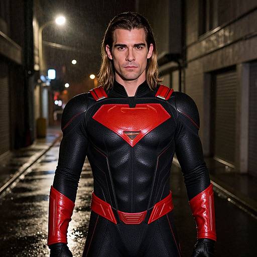 Man in Black and Red Superhero Costume Standing in Rainy Alleyway