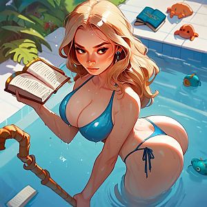 Blonde Woman Reading by the Pool in Blue Bikini Digital Illustration