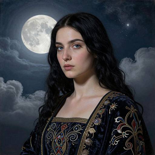 Renaissance Style Portrait of Woman in Embroidered Velvet Gown with Moonlit Background