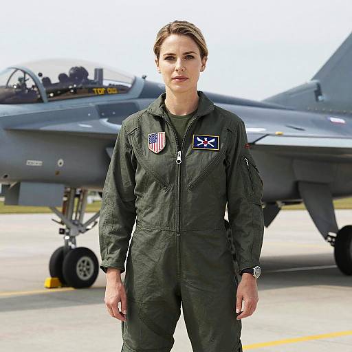 Top Gun Style Woman in Green Flight Suit Standing in Front of Fighter Jet
