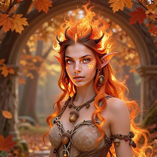 Fiery Elf Woman with Glowing Horns in Autumn Forest Fantasy Portrait