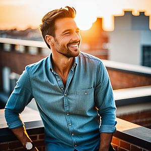 Happy Young Man at Sunset on Rooftop